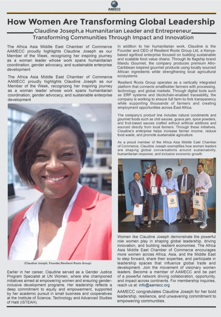 Claudine Joseph humanitarian leader and founder of Resilient Roots Group  transforming global leadership communities through sustainable entrepreneurship.